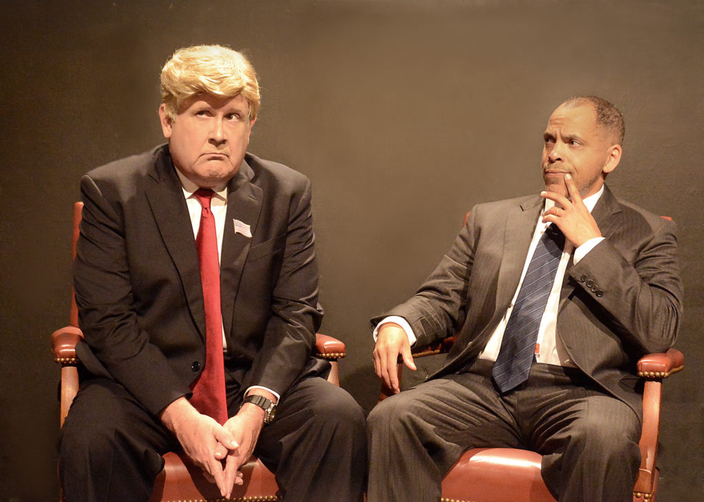 Harry S. Murphy as Donald Trump and Joshua Wolf Coleman as Barack Obama in "Transition" at The Lounge Theatre. Photo Credit: Ed Krieger
