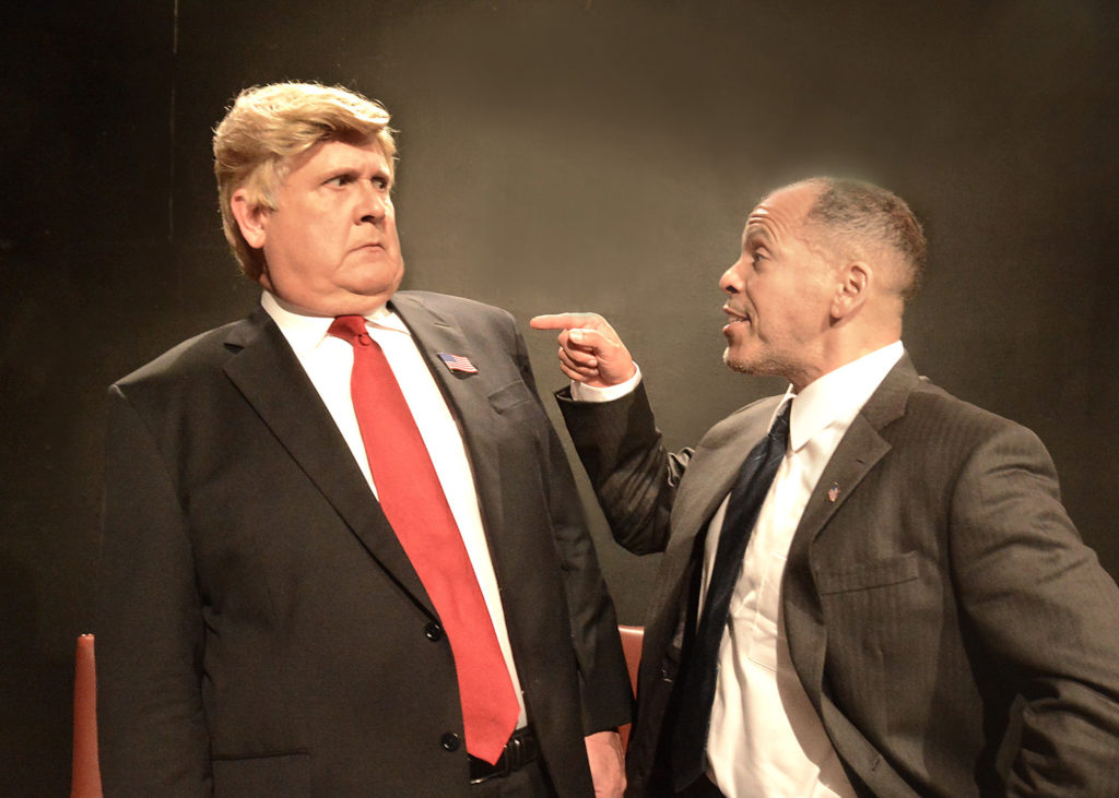 Harry S. Murphy as Donald Trump and Joshua Wolf Coleman as Barack Obama in "Transition" at The Lounge Theatre, Photo credit: Ed Krieger.